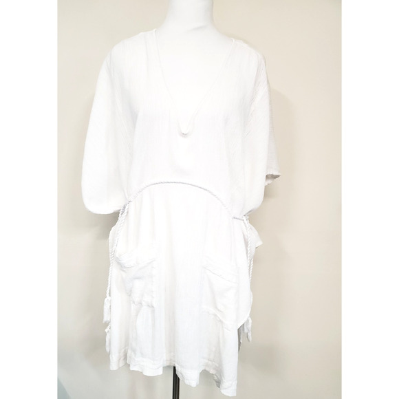 Free People Dress Womens Xs Oversized SHIFT White Mini Beach Cover-Up Tassels - Picture 9 of 14